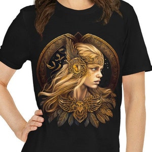 Freyja T-Shirt: Norse Mythology Goddess, Brisingamen and Falcon Feather Cloak