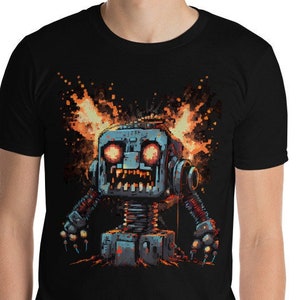May include: A black t-shirt with a pixelated robot illustration. The robot is blue and has glowing red eyes. The robot is surrounded by flames.