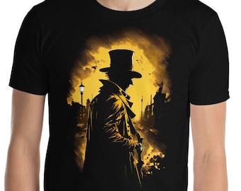 Jack The Ripper Stalking the Streets of Whitechapel in Old London Town by Gaslight Monochrome Amber Black Short-Sleeve Unisex T-Shirt