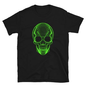 May include: Black t-shirt with a green, wireframe skull graphic.