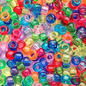Transparent Multi Color Mix Pony Beads 6x9mm, Made in USA, plastic craft beads for making bracelets, necklaces, arts crafts, 500 beads/ bag