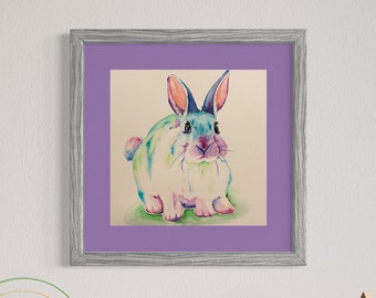 Hand Painted Bunny Rabbit Watercolor Fine Art Print, Colorful Animal Portrait