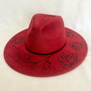 Burned Hat, Women&#39;s Wide Brim Hat, Hat, Custom Hat, Roses Hat, Leaf Hat, Suede Fedora Hat, Women’s Fedora Hat, Flower Hat, Red Hat, Rose Red