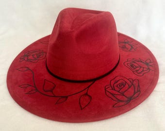 Red Women\'s Hand Burned Fedora Hand-burned Wide Brim Red Fedora Hat | Wildflower Design  main image 2