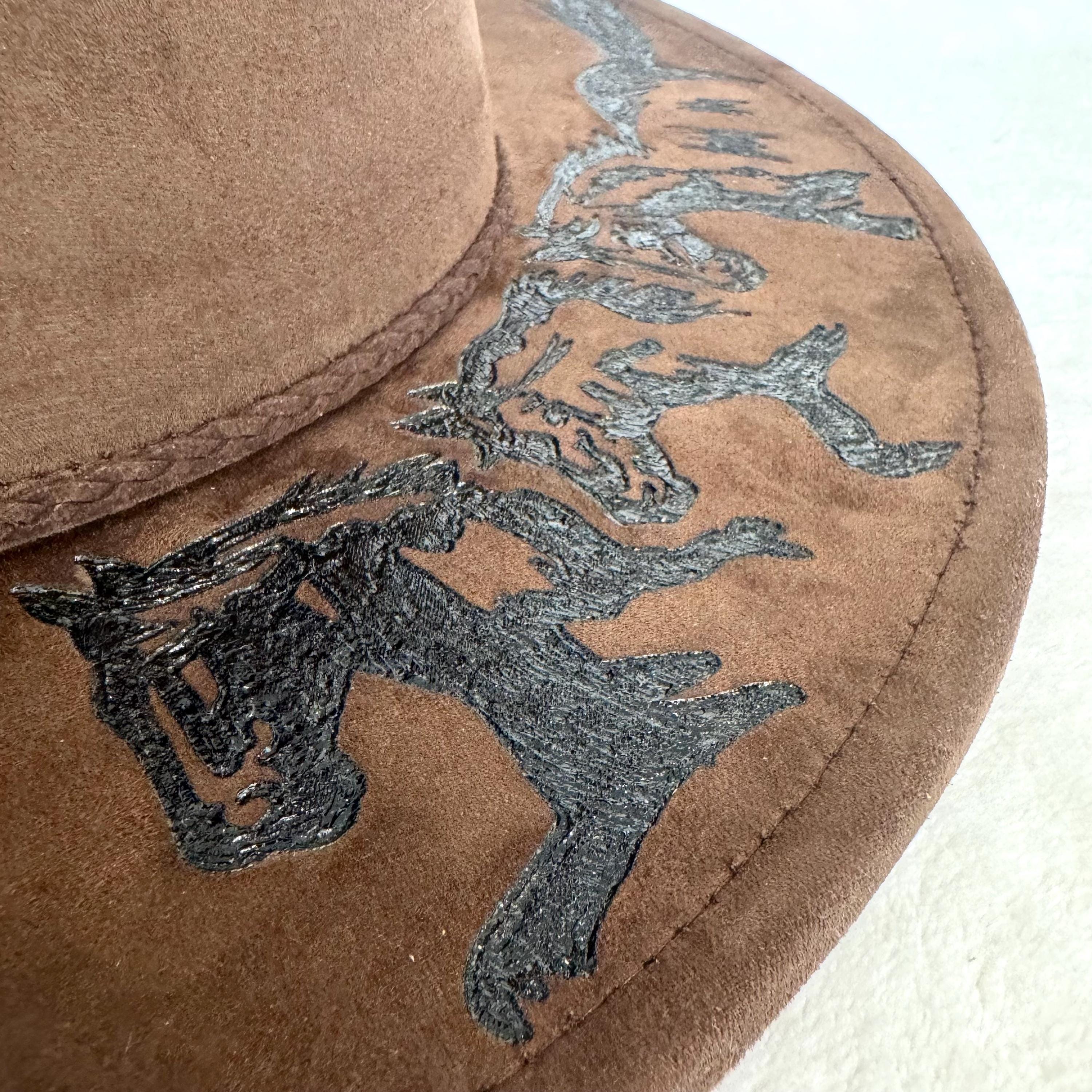 Hand Burned Brown Wide Brim Hat, Horse Design, Suede Fedora  display picture 2