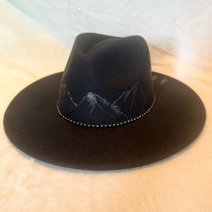 Hand Burned Hat, Wide Brim Women’s Hat, Custom Hat, Black Fedora Hat, Custom Fedora, Mountain Hat, Tree Hat, Black Wide Brim Hat, Mens Hat,