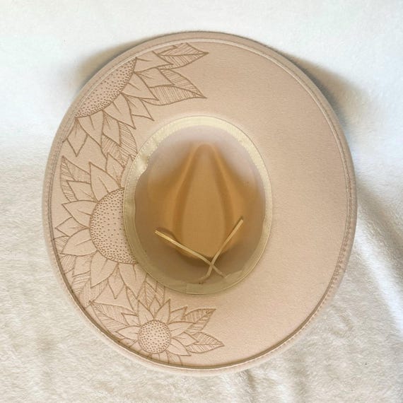 Women\'s Cream Sunflower Embossed Wide-Brim Hat Sunflower Bee Burned Hat, Floral Engraved Cowboy Hat  main image 4