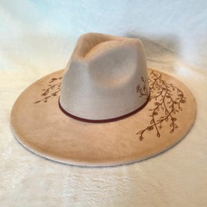 Burned Hat, Wide Brim Women’s Hat, Flower Leaf Hat, Floral Hat, Custom Fedora, Suede Fedora Hat, Flower Hat, Tan Hat, Cream Wide Brim Hat,