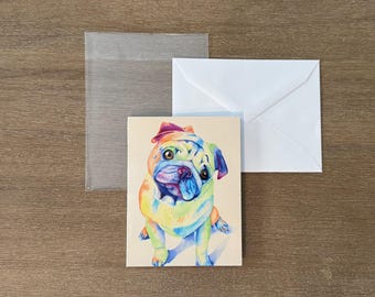Pug Dog Note Card, Original Watercolor Art, Blank Greeting Card