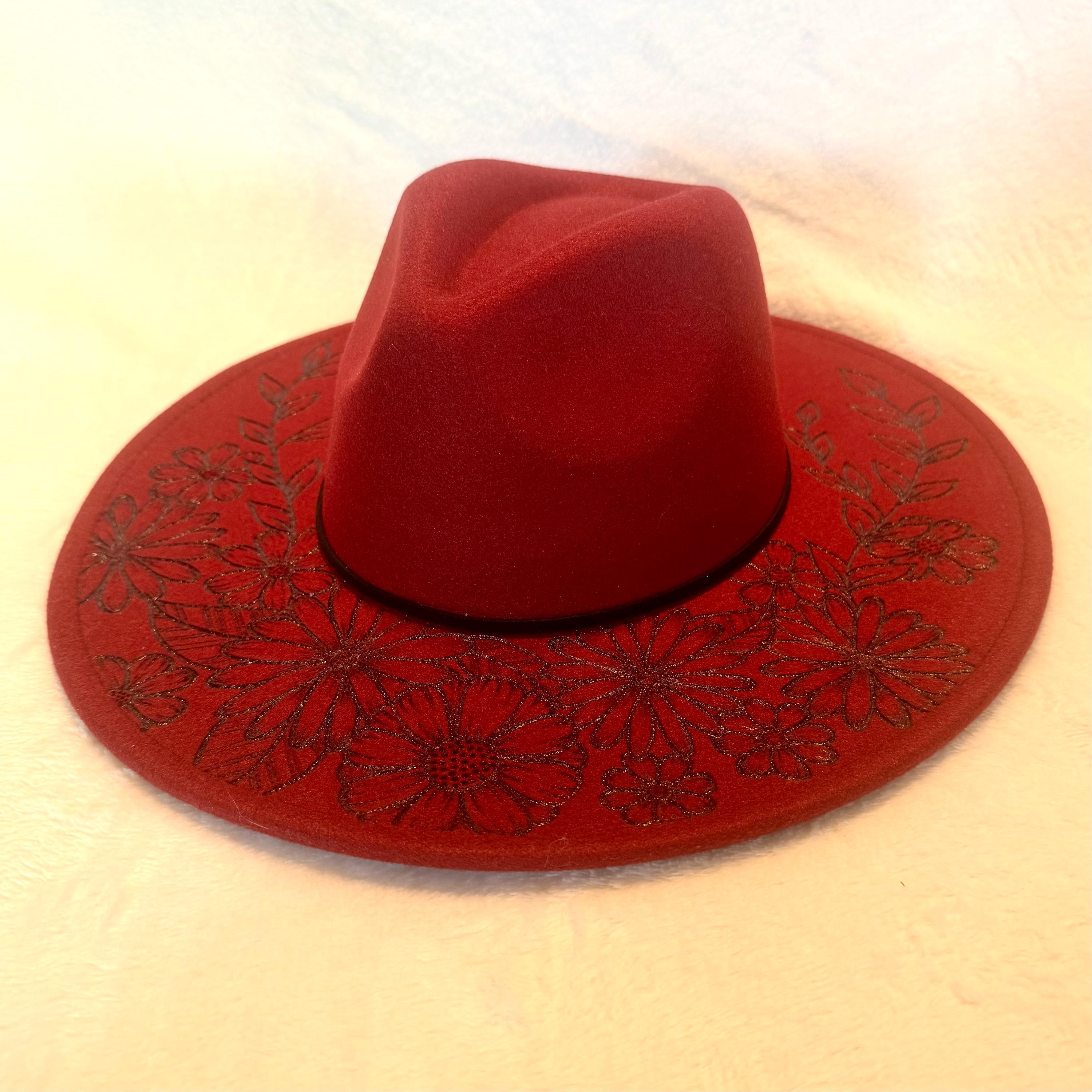 Hand Burned Maroon Red Wide Brim Hat, Flower Design, Felt  display picture 3