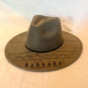 Hand Burned Hat, Wide Brim Women’s Hat, Men&#39;s Fedora Hat, Green Fedora Hat, Olive Hat, Mountain Hat, Tree Hat, Mountains and Tree Hat,