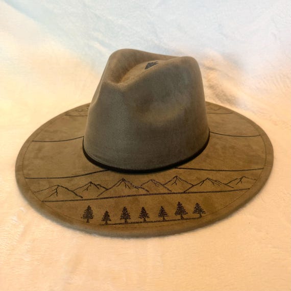 Hand Burned Vegan Suede Wide-Brim Fedora - Olive Green Hand Burned Green Vegan Suede Wide Brim Hat: Leafy Design - Etsy main image 3