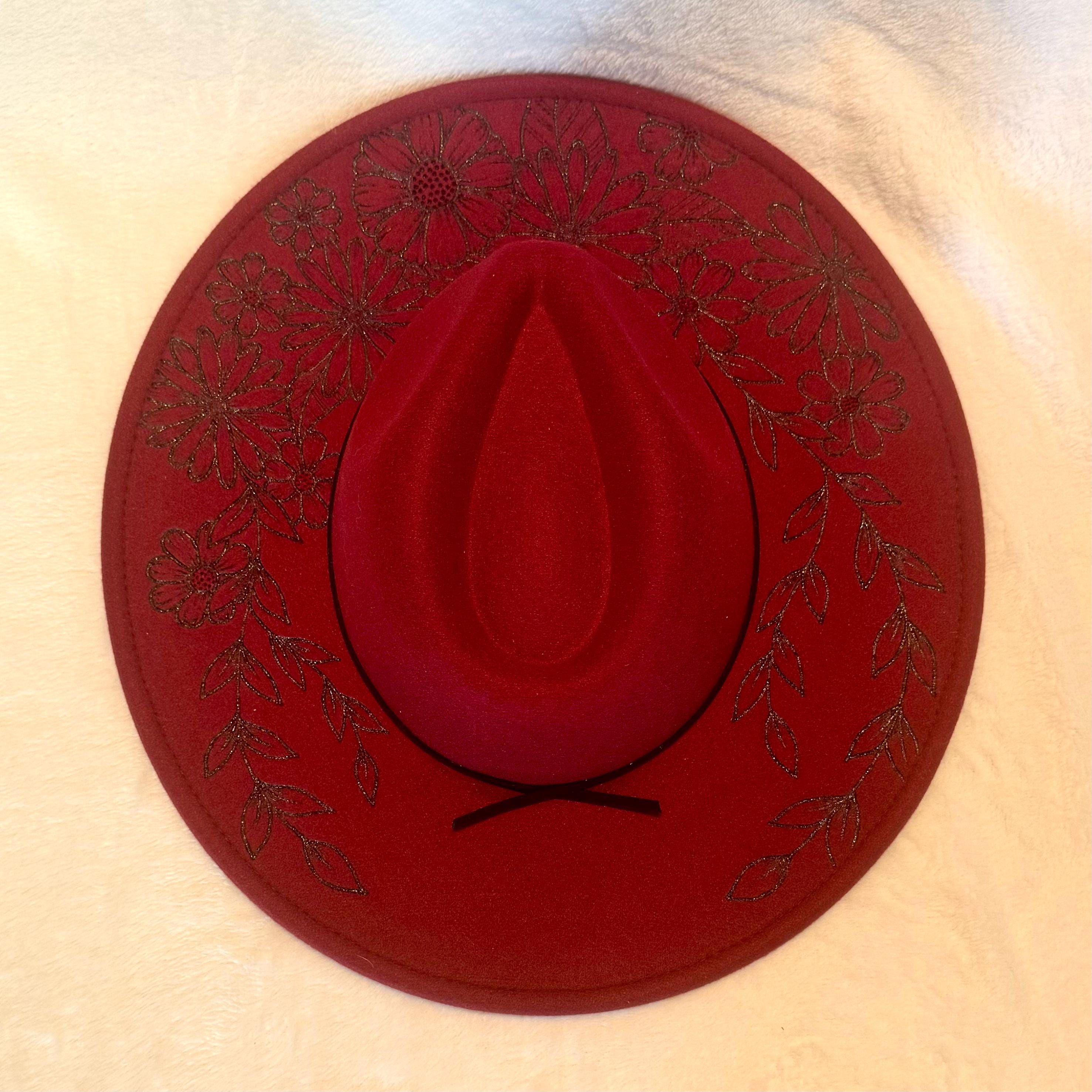 Hand Burned Maroon Red Wide Brim Hat, Flower Design, Felt  display picture 2