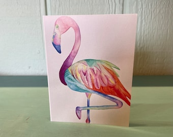 Flamingo Note Card, Original Watercolor Art, Blank Greeting Card