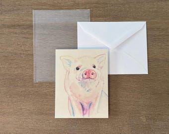 Pig Note Card, Original Watercolor Animal Art, Blank Greeting Card