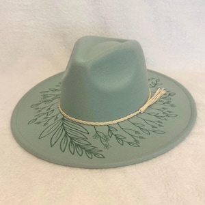 Mint green Western Fedora Hat with Ornate floral gem Detailing Hand-painted Floral Felt Fedora, Mint Green Western Rancher  main image 4