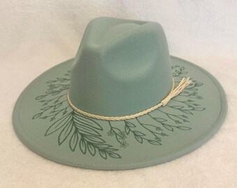 Hand Burned Olive Green Wide Brim Hat, Mountain Tree Design  display picture 2