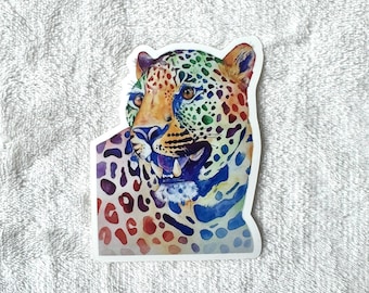 Jaguar Cheetah Sticker, Original Watercolor Art, Colorful Rainbow Animal Decal