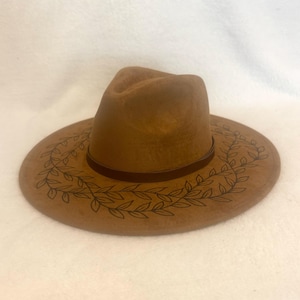 Hand Burned Hat, Wide Brim Women’s Hat, Men&#39;s Fedora Hat, Tan Fedora Hat, Brown Hat, Leaf Hat, Leaves Hat, Leaf Design Hat, Western Hat,