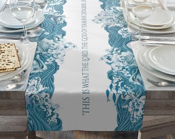 Passover Table Runner, Let My People Go Exodus Verse, Jewish Seder Decor, Ocean Waves, Pesach Gift - Cotton, Poly, Judaica Home Kitchen