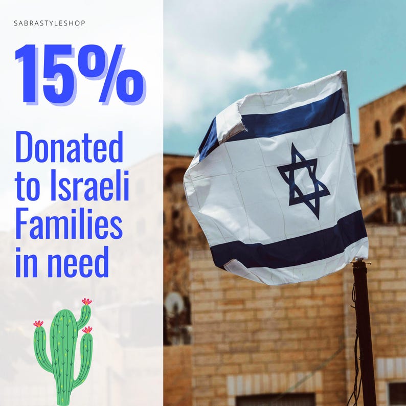 May include: Image features the Israeli flag waving in the wind against a backdrop of a building and a blue sky. Text on the left side states "15% Donated to Israeli Families in need" with a cactus illustration.