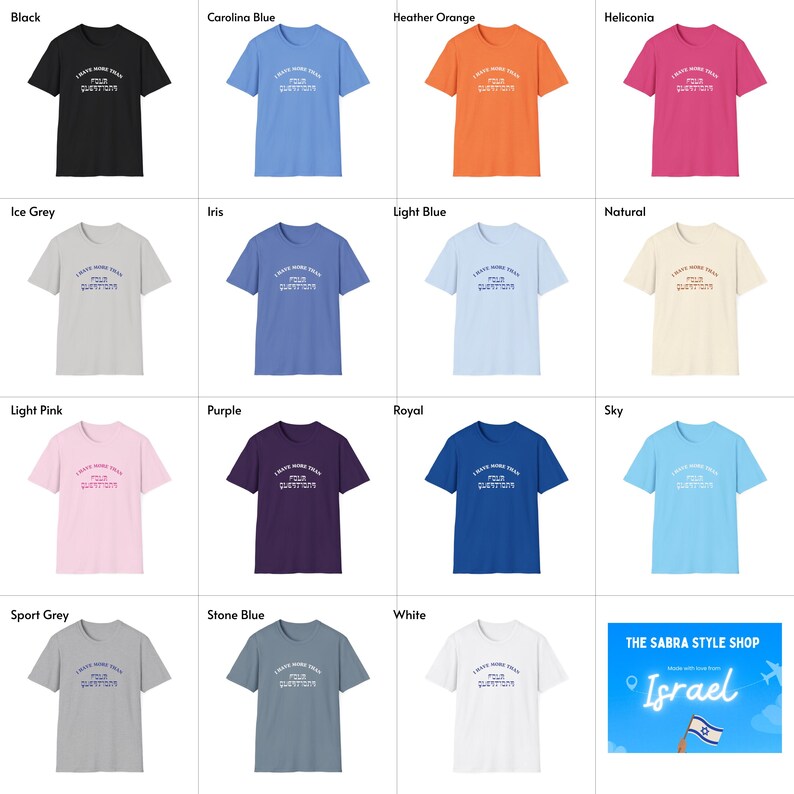 May include: A collection of short-sleeved t-shirts in various colors, including black, blue, orange, and pink. Each shirt features the text "I HAVE MORE THAN 1000 QUESTIONS" in white. The shirts are displayed against a white background.