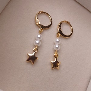 Star Pearl Earrings, Gold Plated Pearl Earrings, Dangle Pearl Earrings ...
