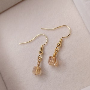 Gold earrings, bead earrings, Handmade cube drop earrings, champagne brown glass bead dangle earrings, gift for her