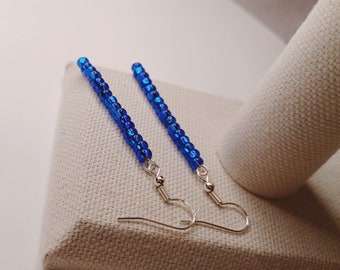 Blue earrings, long beaded dangle earrings, Seed bead earrings, beaded drop earrings, gold or silver available