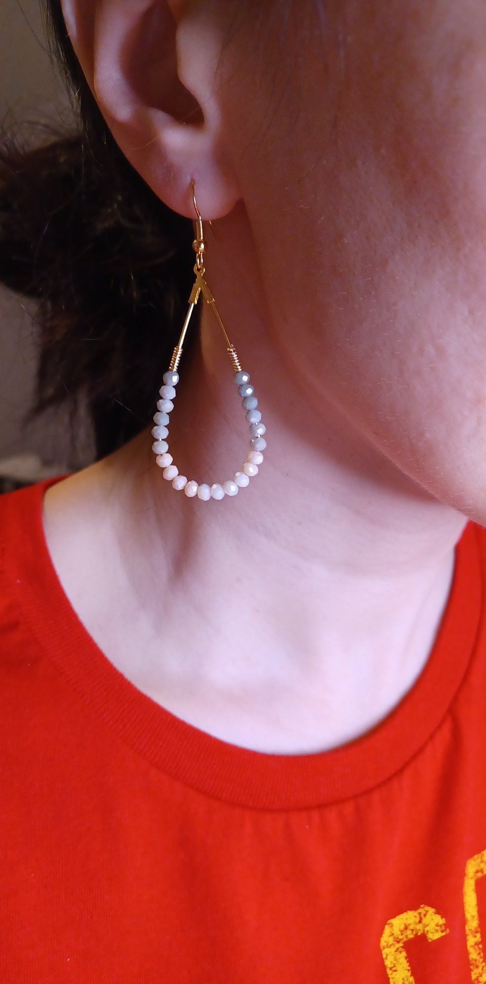 Teardrop Beaded Dangle Earrings, Bead Drop Earrings, Gray and Pink