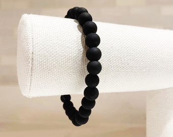 Matte Black Beaded Bracelet: Unisex Glass Bead Stacking Bracelet