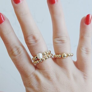 Gold filled beaded rings, stretchy stacking rings, Gold and pearl stackable rings, elastic ring, Gold filled beaded ring set, 3 rings