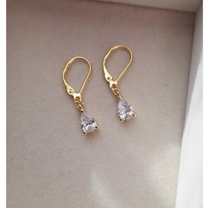 Gold diamond earrings,dainty teardrop Dangle cubic zirconia  Earrings, leverback,Gold crystal teardrop diamond, gift for her