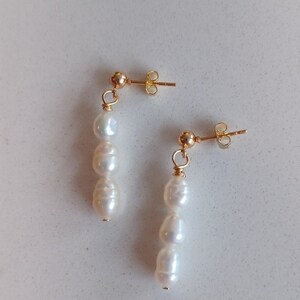 Gold Stud Pearl Dangle Earrings: Freshwater Beaded Drop