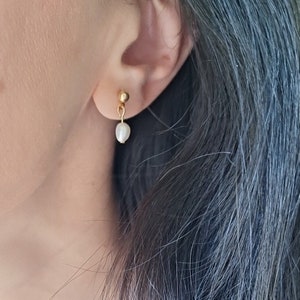 Gold Stud Dangle Earrings: Freshwater Pearl Drop, Bridal Jewelry