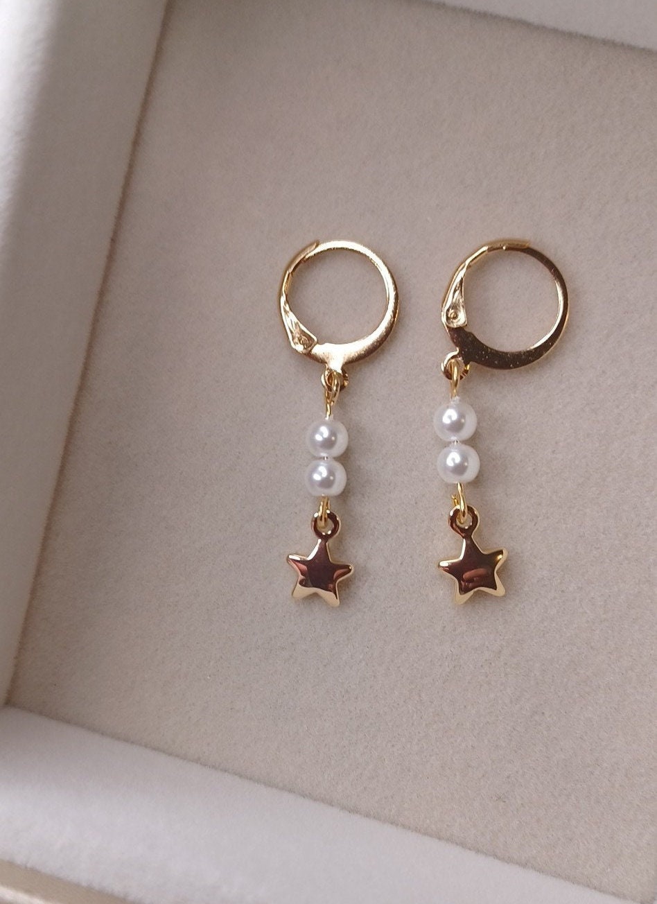 Star Pearl Earrings, Gold Plated Pearl Earrings, Dangle Pearl Earrings ...