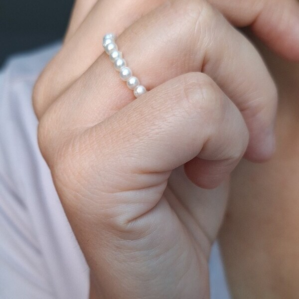 Stretchy pearl ring, elastic Stacking rings white plastic bead ring, june birthstone dainty ring minimalist handmade gift for her