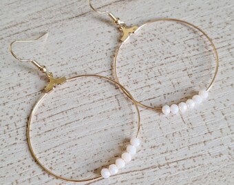 Gold hoop earrings with white beads beaded hoops circle earrings gift for her