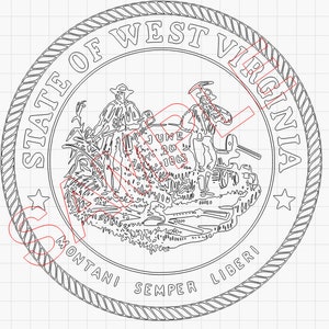 May include: Black and white line drawing of the official seal of the State of West Virginia. The seal features two men working in a coal mine, with the text "STATE OF WEST VIRGINIA" and "MONTANI SEMPER LIBERI" around the outside. The date "JUNE 20 1863" is also included in the design.
