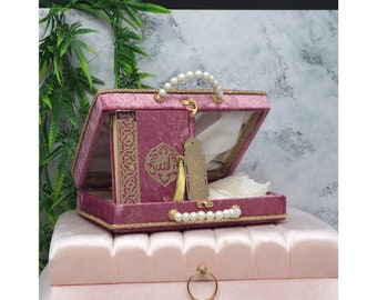 Women's Islamic Quran Gift Set - Includes Quran, Tesbih, Bookmark, Hijab and Velvet Box - Pearl