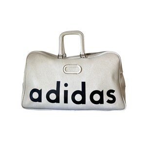 1970s Vintage Adidas Hand Bag White Faux Leather Sports Bag Made in France Gym Bag