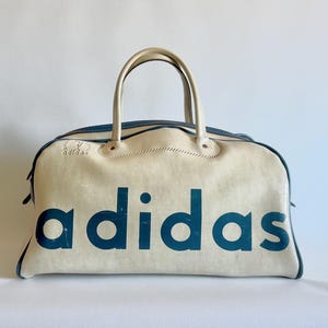 Vintage 1970s Adidas Holdall Bag: White & Blue Madrid Logo, Original Hardware