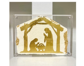 Papercut Nativity Scene with Gold Leaf, Christmas Paper Art, Manger Scene, Cut Paper Art, Christmas Art, Baby Jesus, Away in a Manger