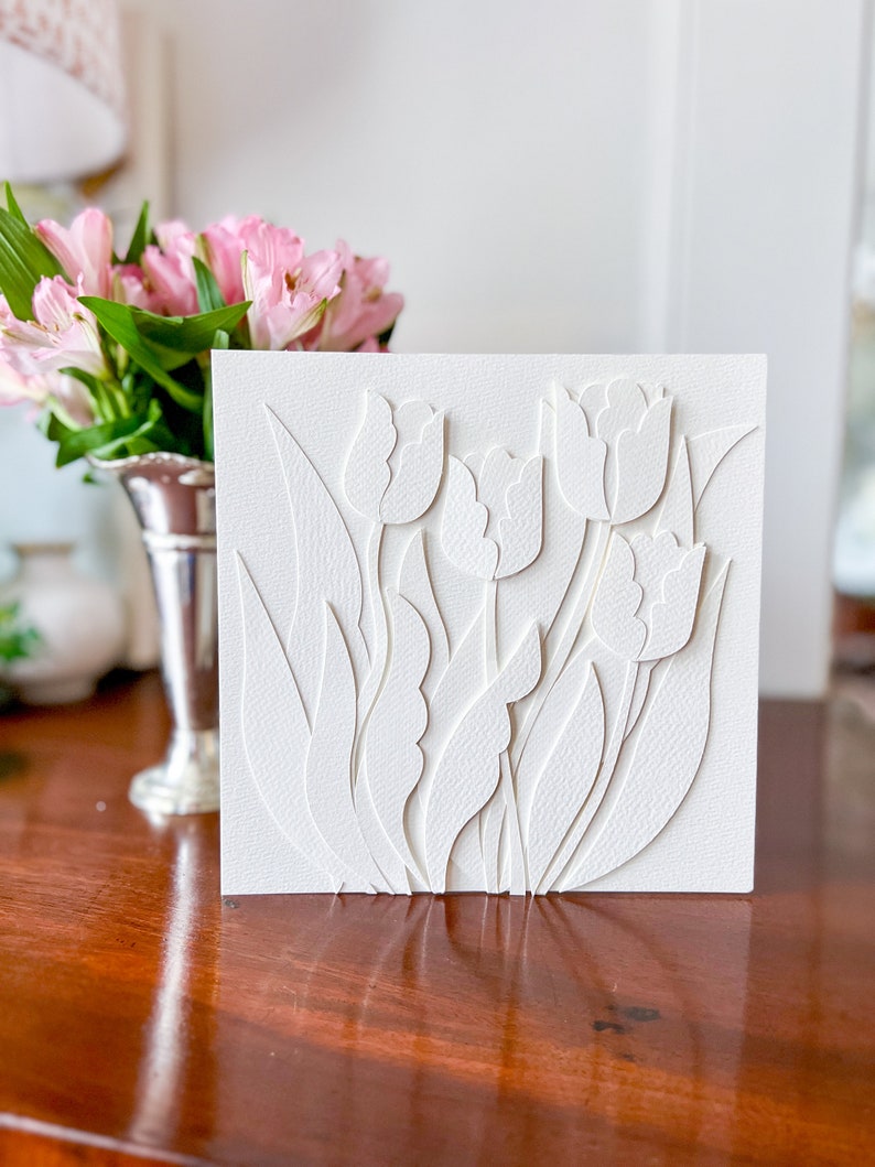 Original Paper Cut 3D Layered Tulips, Hand Cut Paper Art, Cut Paper Botanical, Hand Cut Paper Flower, Cut Paper Art, Flower Collage image 4