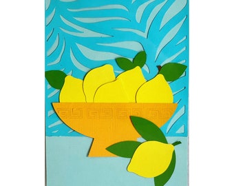 Original Lemon Collage | Papercut Fruit in Bowl | Handcut Paper Art | Bright and Cheerful Wall Art