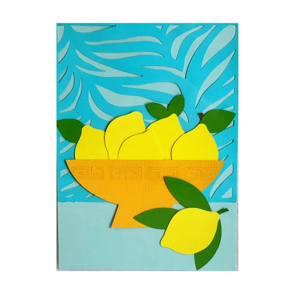 Original Lemon Collage | Papercut Fruit in Bowl | Handcut Paper Art | Bright and Cheerful Wall Art