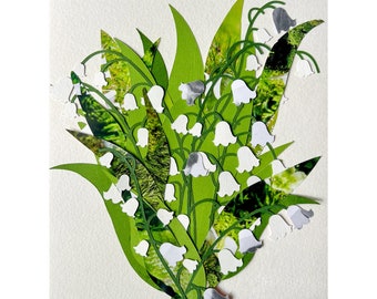 Original Paper Cut Lily of the Valley Collage, Hand Cut Paper Art, Cut Paper Botanical, Hand Cut Paper Flower, Collage Art, Flower Collage