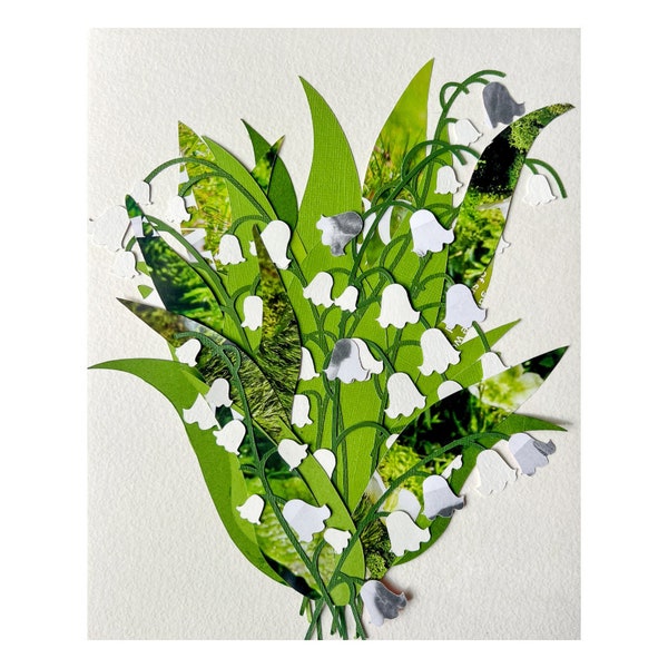 Original Paper Cut Lily of the Valley Collage, Hand Cut Paper Art, Cut Paper Botanical, Hand Cut Paper Flower, Collage Art, Flower Collage