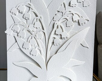 Papier 3D original muguet, art en couches, botanique en papier découpé, art en papier découpé à la main, botanique en papier découpé, collage de fleurs