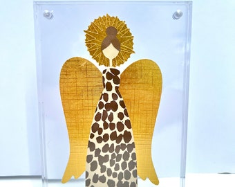 Framed Original Angel Collage in Brown Spot, Nativity Scene Paper Art, Paper Cut, Cut Paper, Schumacher Brown Dot Wallpaper, Christmas Angel